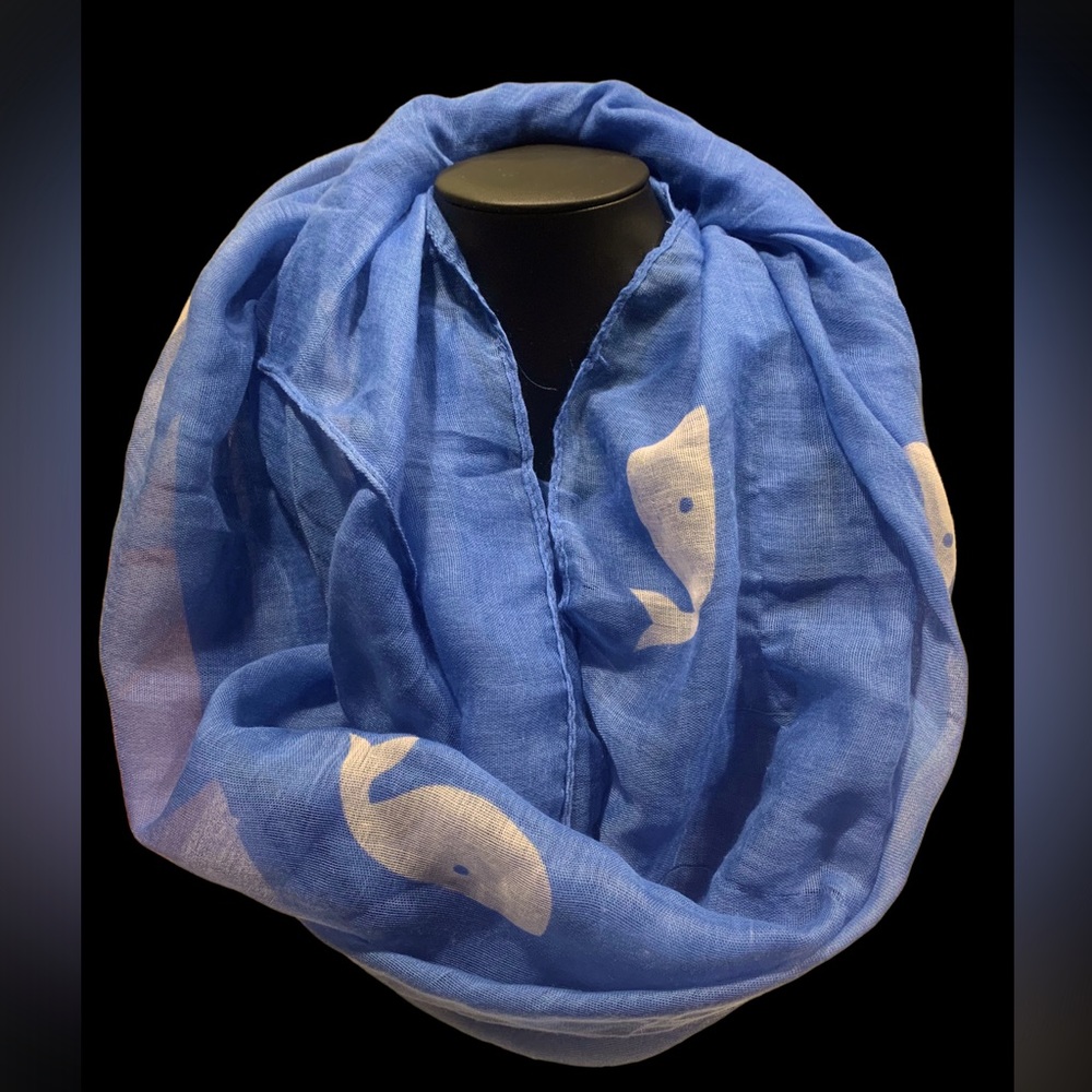 Accessorize fall/winter looks with this cute sky blue infinity scarf w/ WHALES